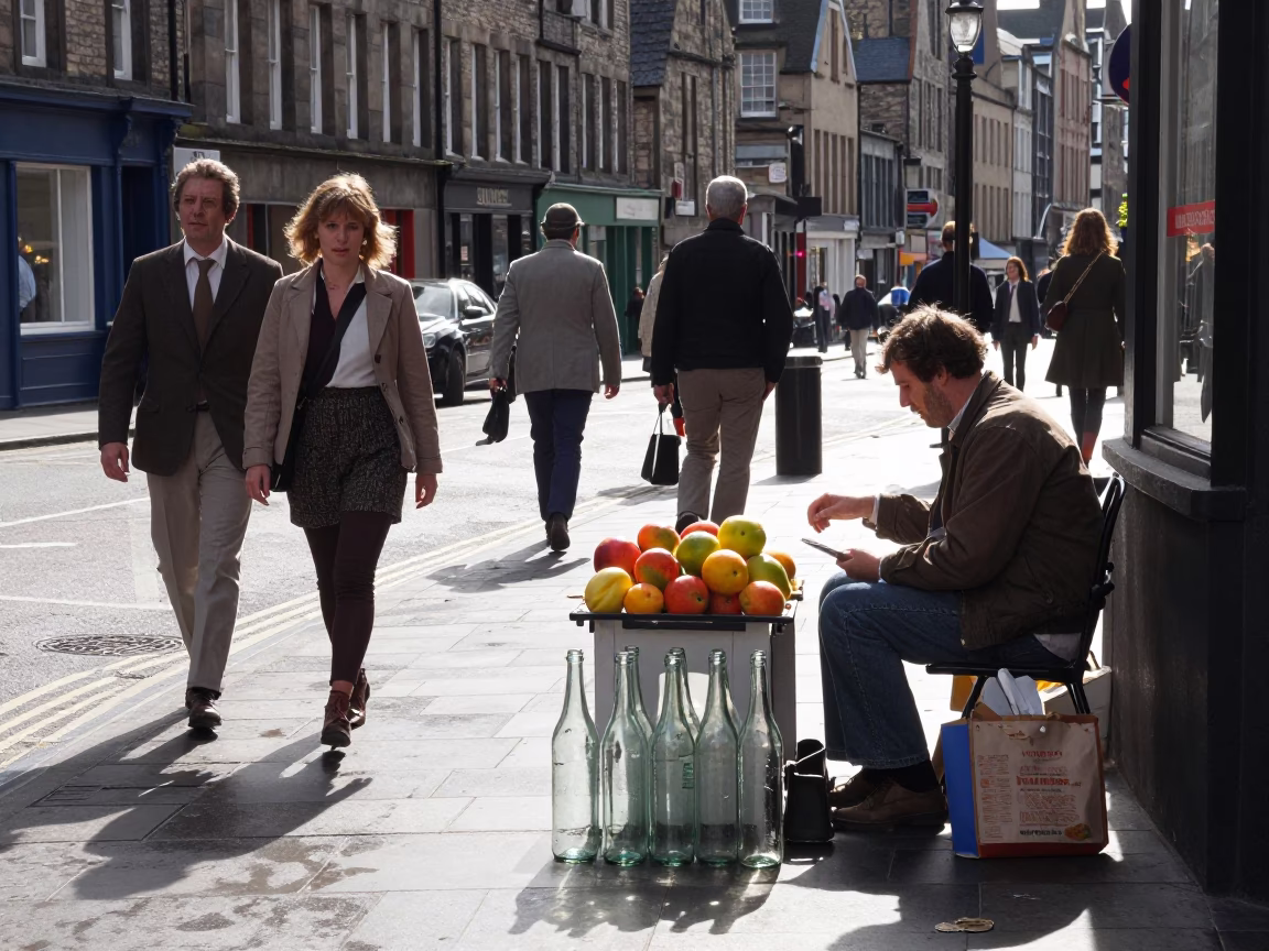 Midmorning Edinburgh Street Scene with Glass Bottles and Urban Details in in Edinburgh, United Kingdom