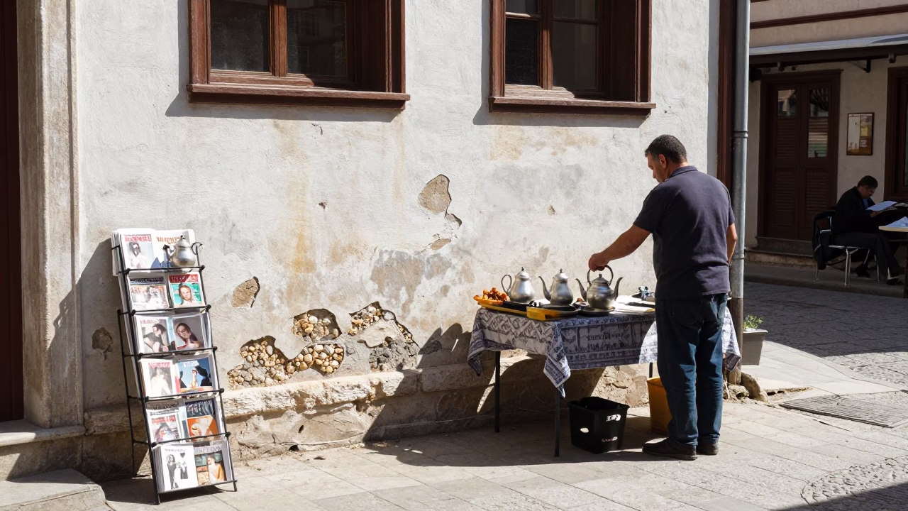 Midmorning Izmir Street Scene with Teapot and Magazine Rack in Bright Sunlight in in Izmir, Turkey