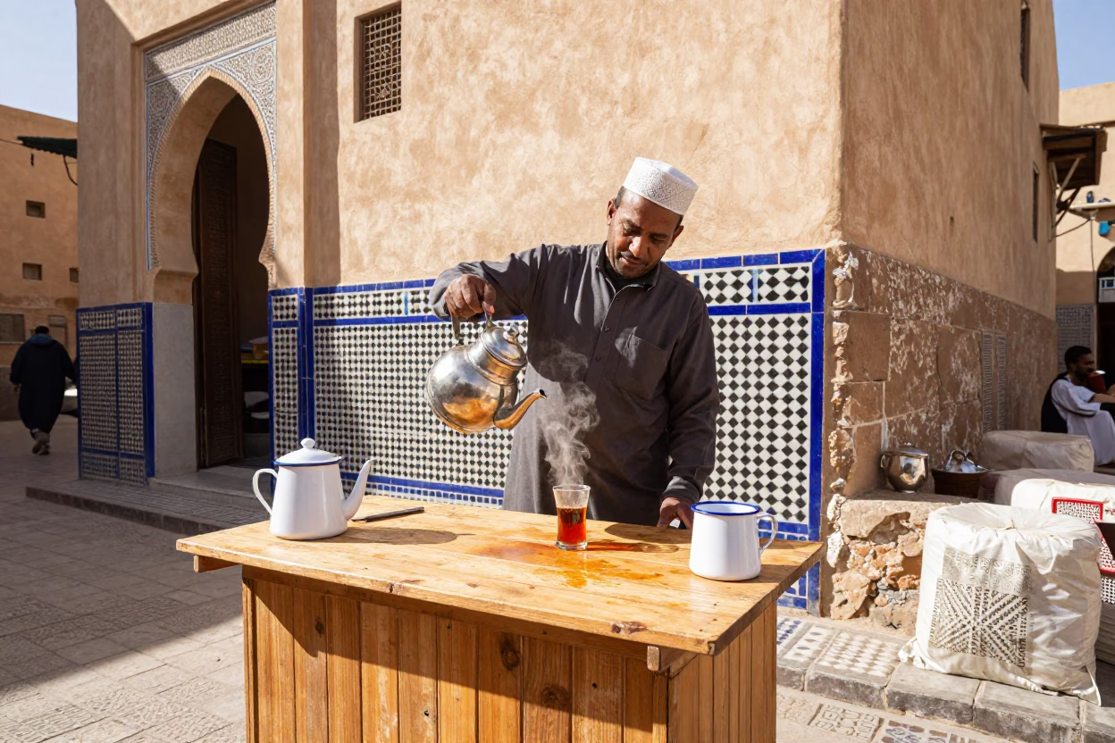 Midmorning Life in Fez Morocco Enamel Pitcher and Traditional Street Corner in in Fez, Morocco
