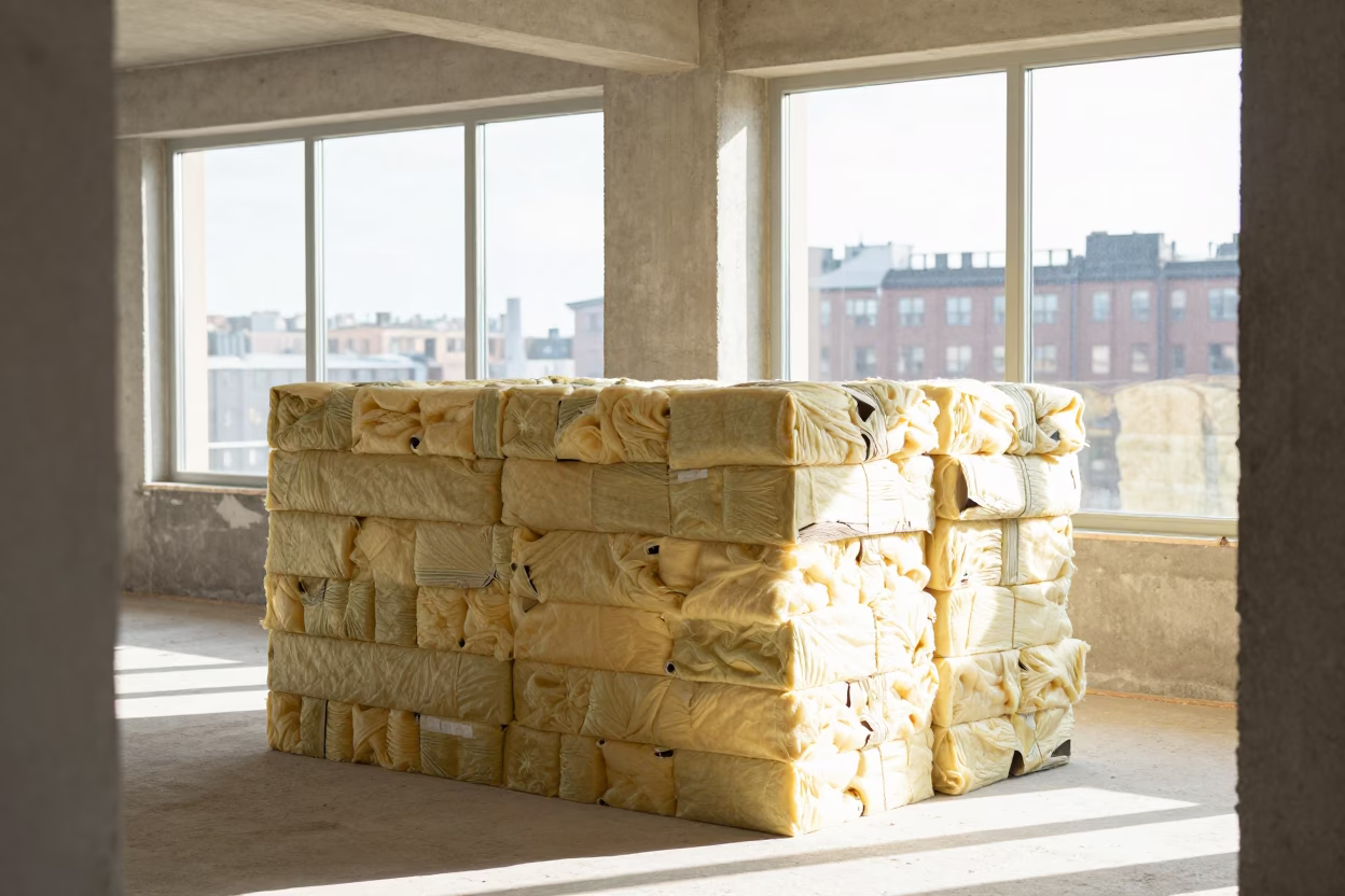 Midmorning Light in Stockholm Showing Insulation Stack Inside Half-Finished Commercial Interior in in Stockholm, Sweden