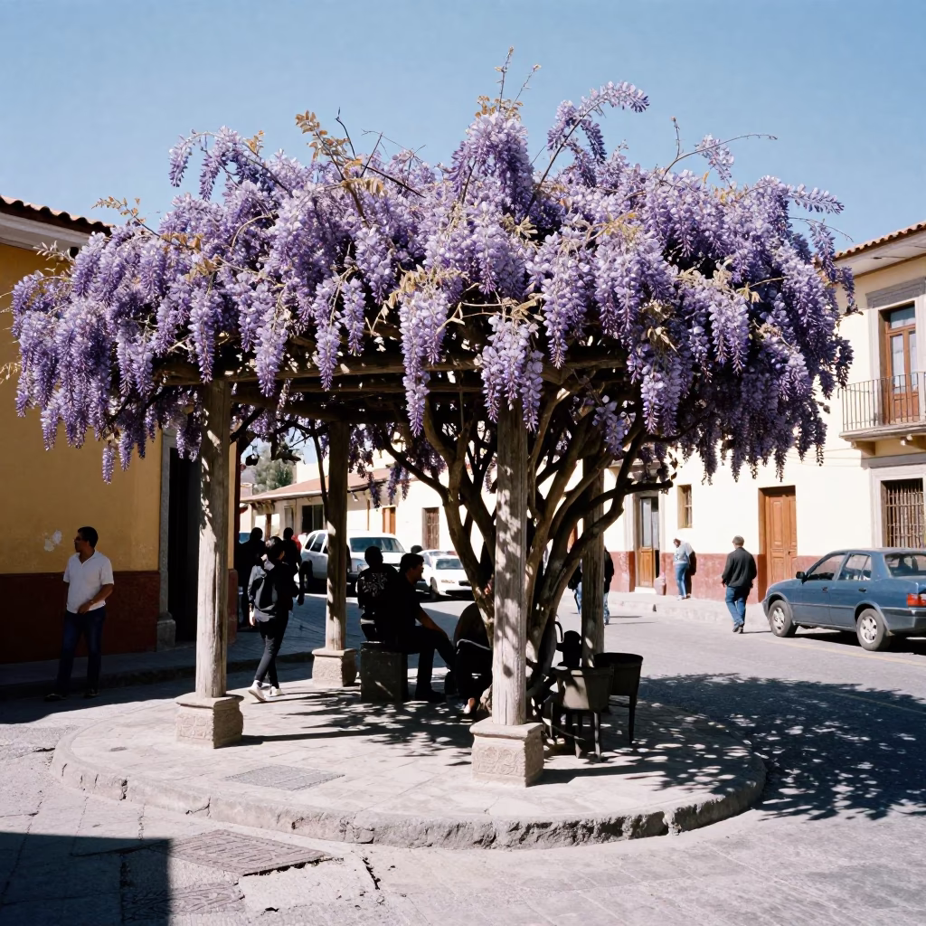 Midmorning Light on La Paz Bolivian Street with Wisteria and Brass Details in in La Paz, Bolivia