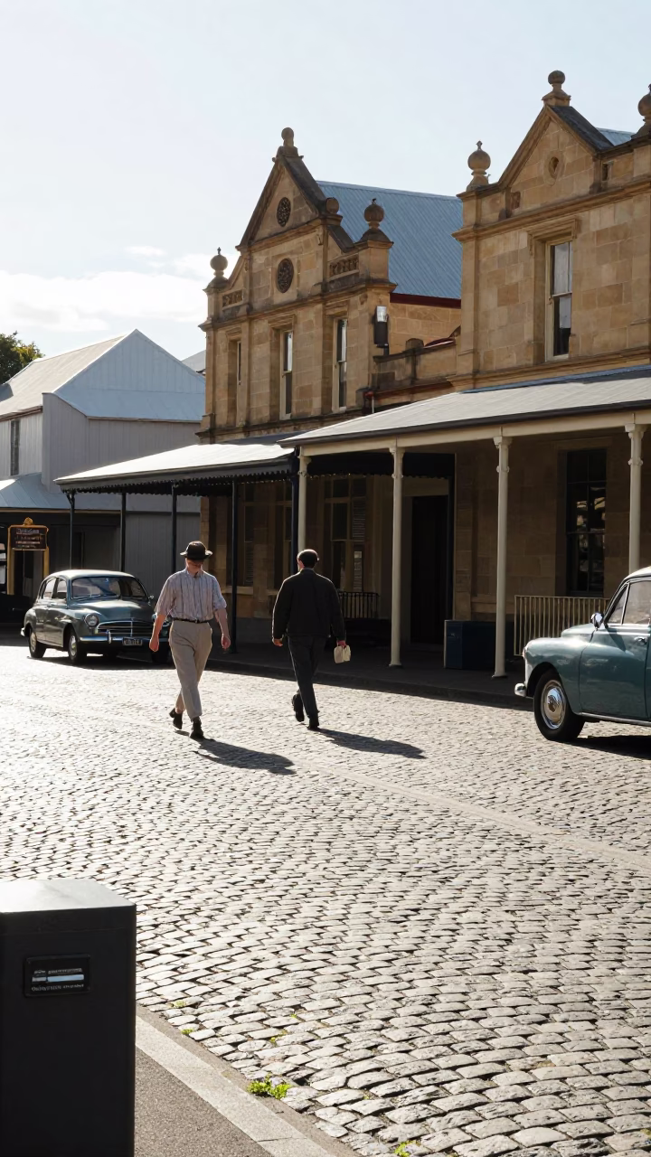Midmorning Light on Salamanca Place Cobblestones in Hobart Tasmania with Vintage Details in in Hobart, Tasmania, Australia