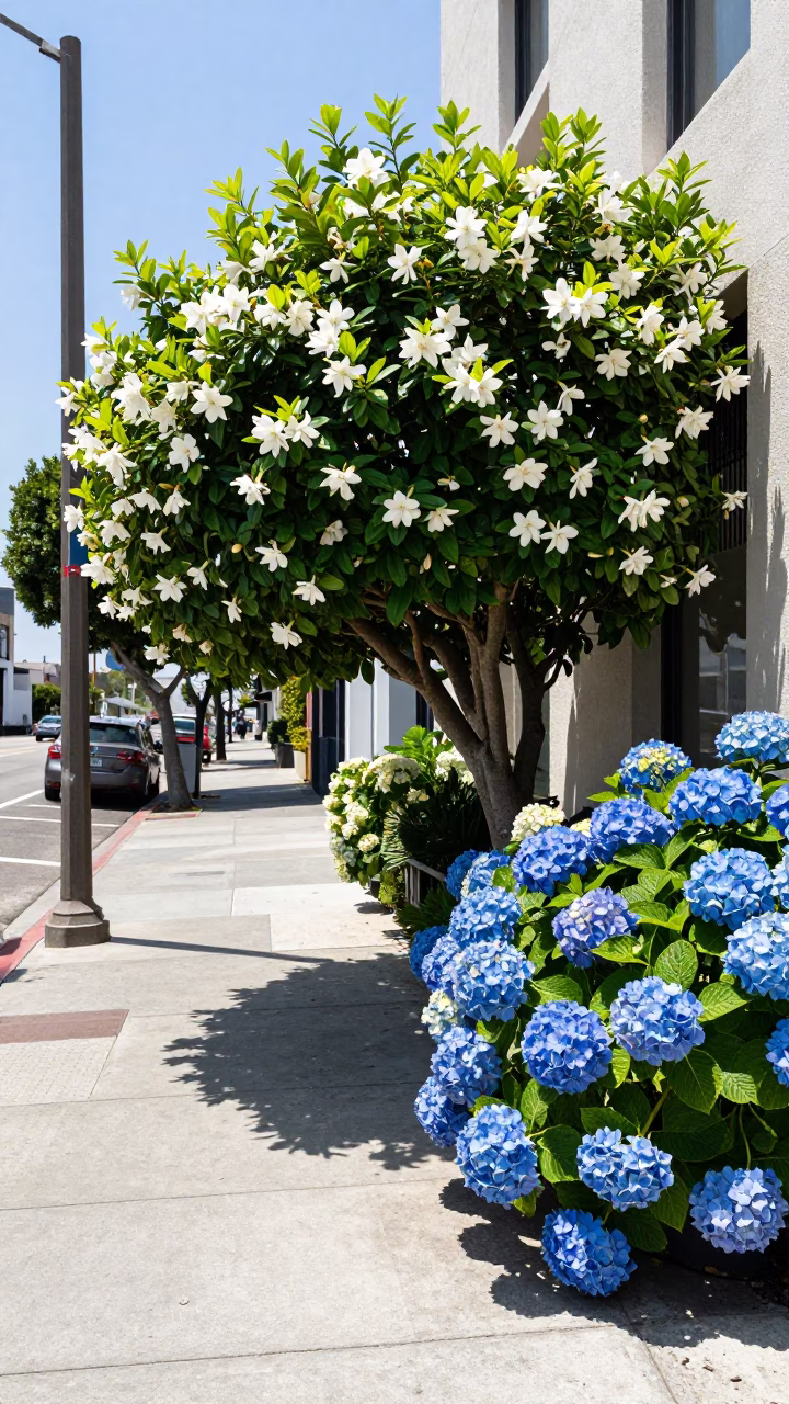 Midmorning Los Angeles Street Scene with Gardenia Bush and Hydrangeas in in Los Angeles, California, United States