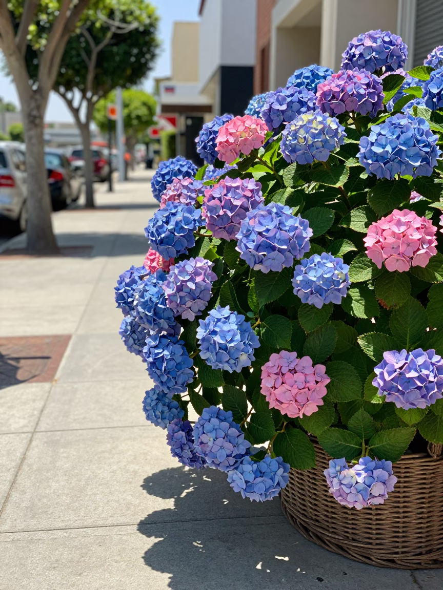 Midmorning Los Angeles Street Scene with Hydrangea Bush and Wicker Chair Shadow in in Los Angeles, California, United States