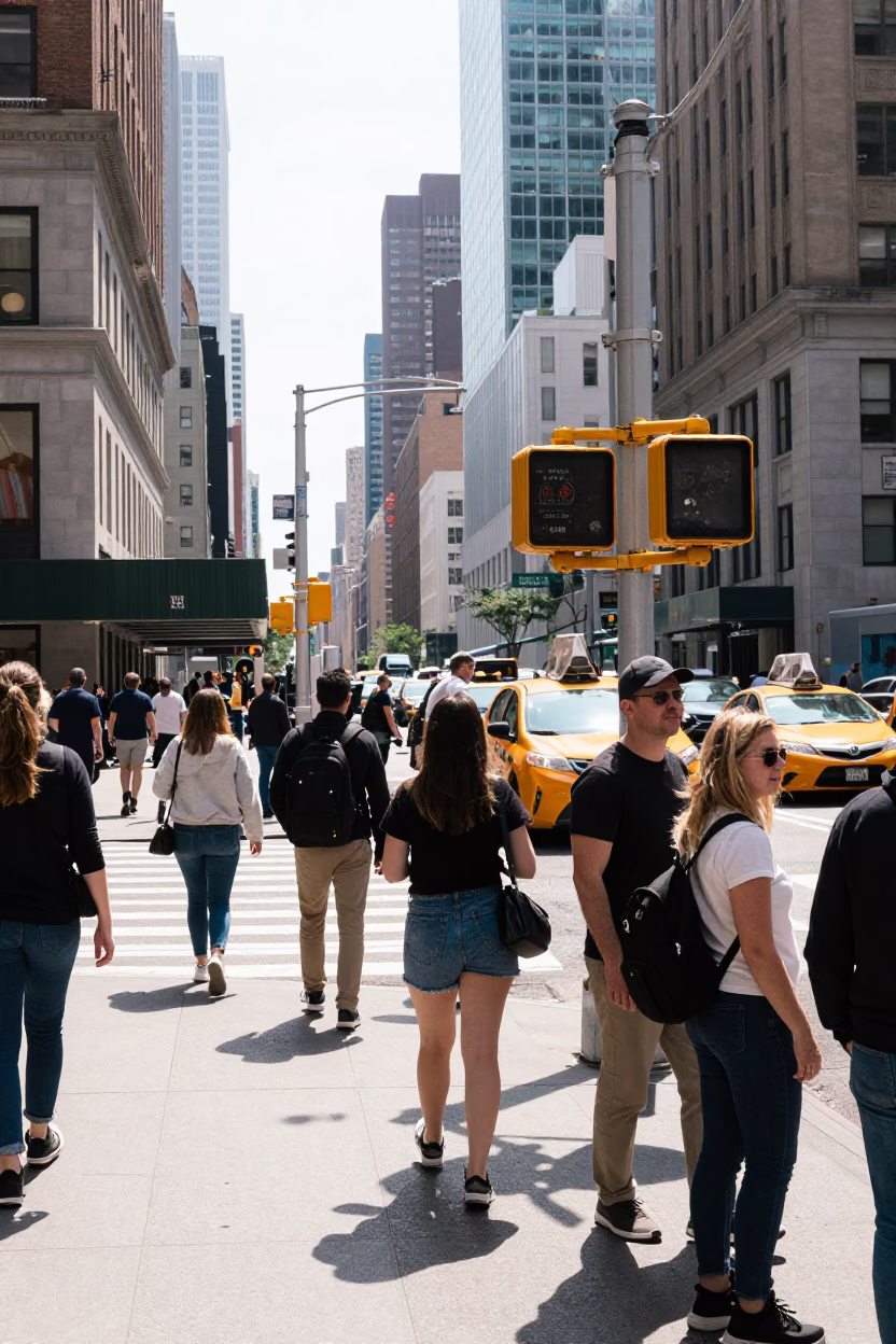Midmorning New York Street Scene with Yellow Cab and Pedestrians in Bright Sunlight in in New York, New York, United States