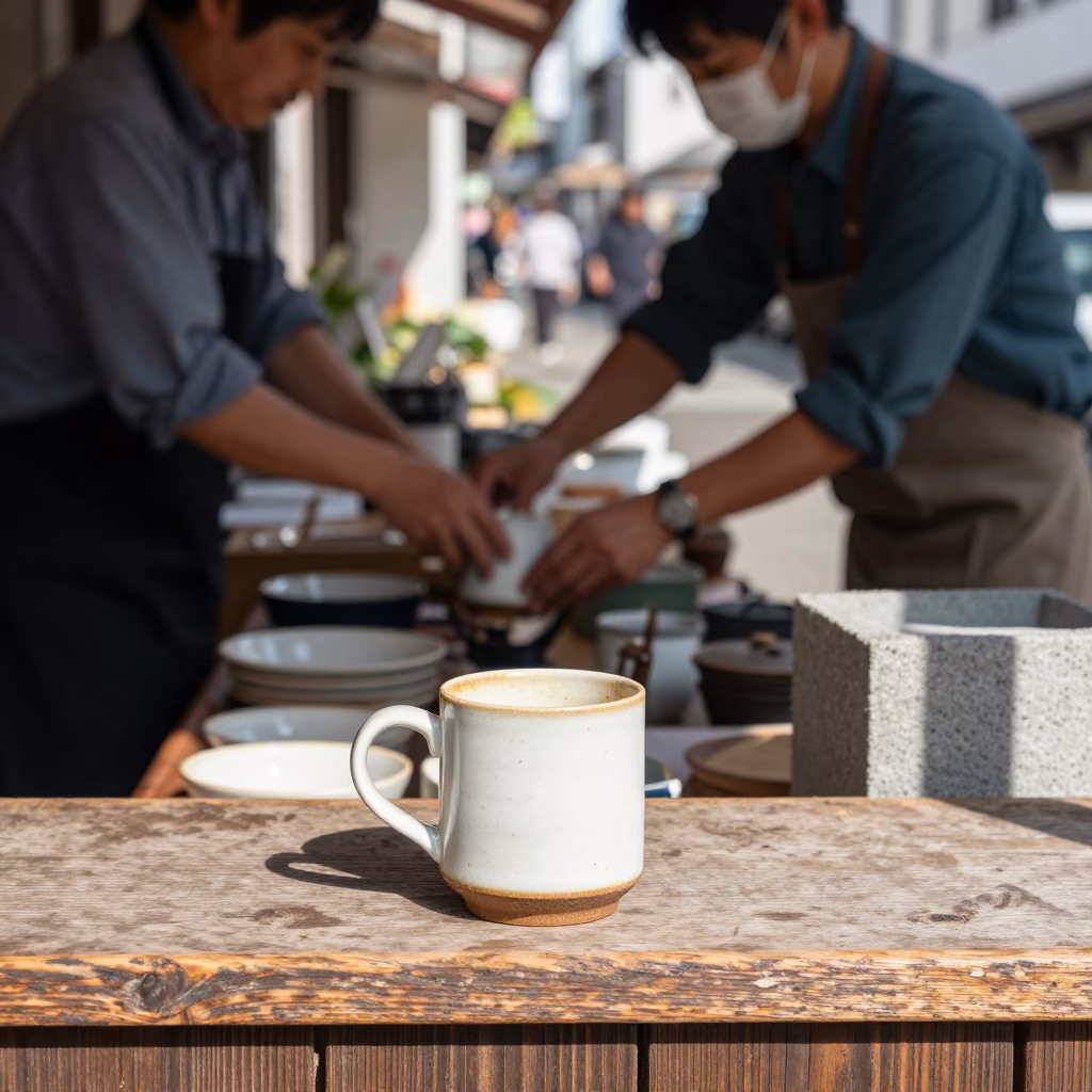 Midmorning Osaka Street Scene with Ceramic Mug and Concrete Viaduct in Background in in Osaka, Japan