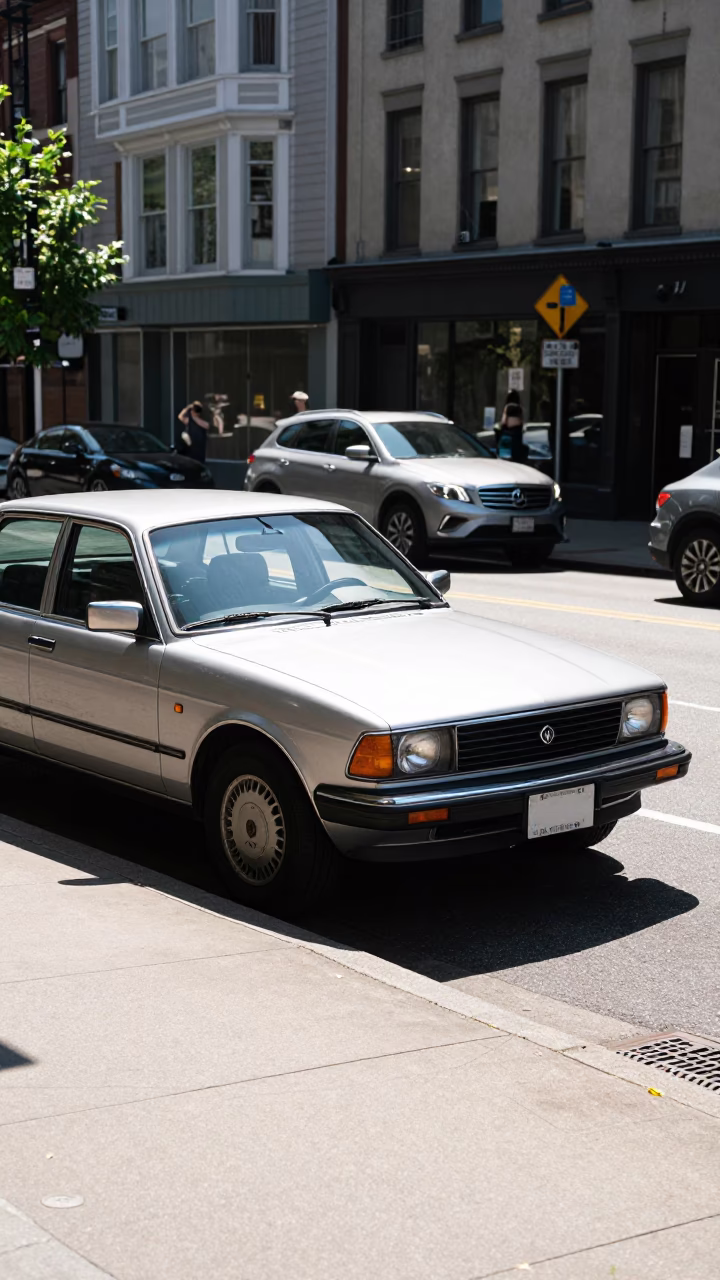 Midmorning Portland Street Scene with Vintage Sedan and Urban Details in in Portland, Oregon, United States