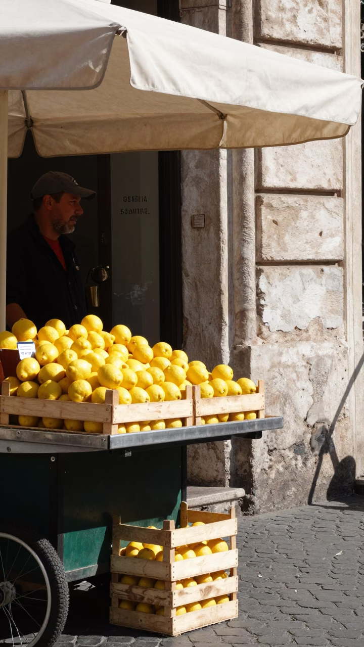 Midmorning Roman Street Scene with Lemon Stall and Brushed Steel Details in in Rome, Italy