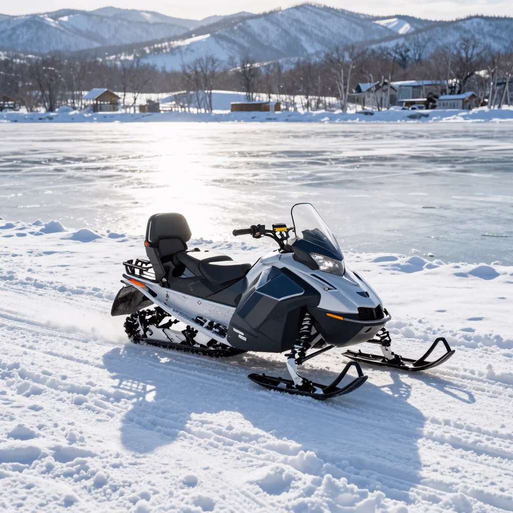 Midmorning Snowmobile Stop at Frozen River Overlook in Sapporo Japan in in Sapporo, Japan