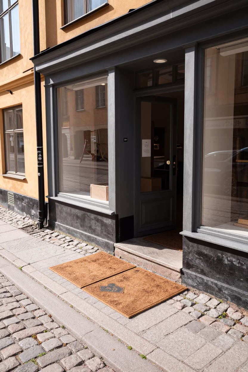Midmorning Stockholm Street Scene with Vintage Door Mats and Local Shop Details in in Stockholm, Sweden
