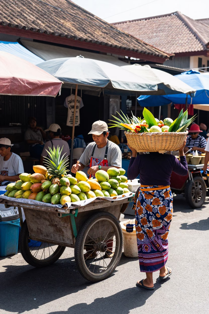 Midmorning Street Life in Denpasar Bali Indonesia with Traditional Market Stalls in in Denpasar, Indonesia