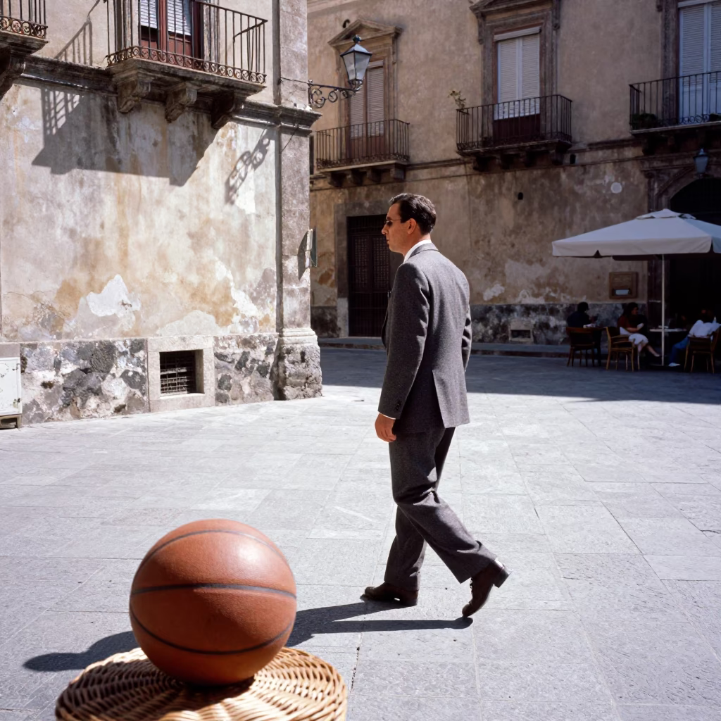 Midmorning Street Life in Palermo Italy with Leather Basketball and Wicker Chair Shadows in in Palermo, Italy