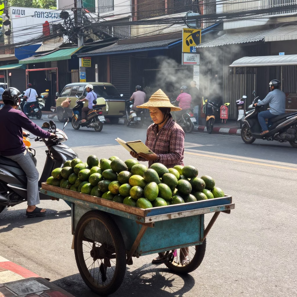 Midmorning Street Scene in Bangkok Thailand with Notebook and Avocados in in Bangkok, Thailand