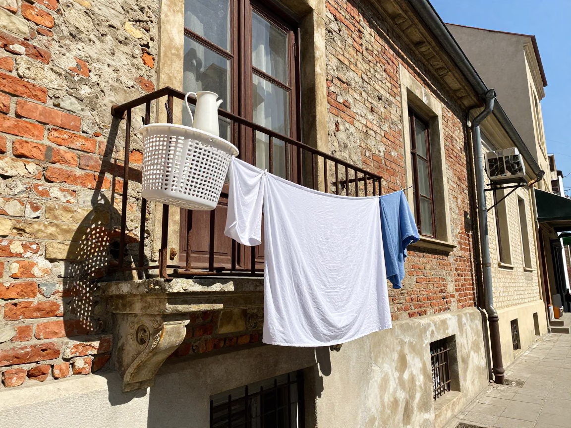 Midmorning Street Scene in Budapest Hungary with Laundry and Pitcher in in Budapest, Hungary