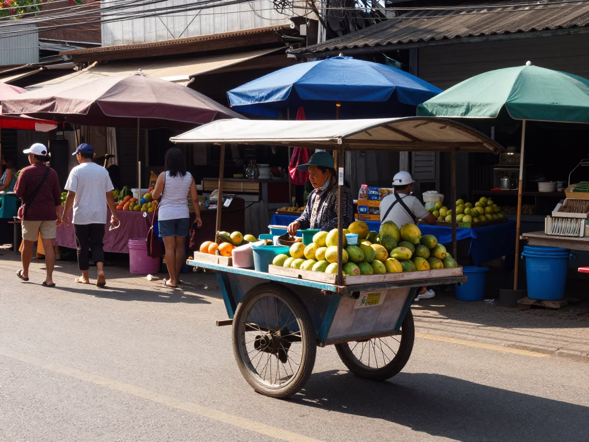 Midmorning street scene in Chiang Mai Thailand with local vendor and market activity in in Chiang Mai, Thailand