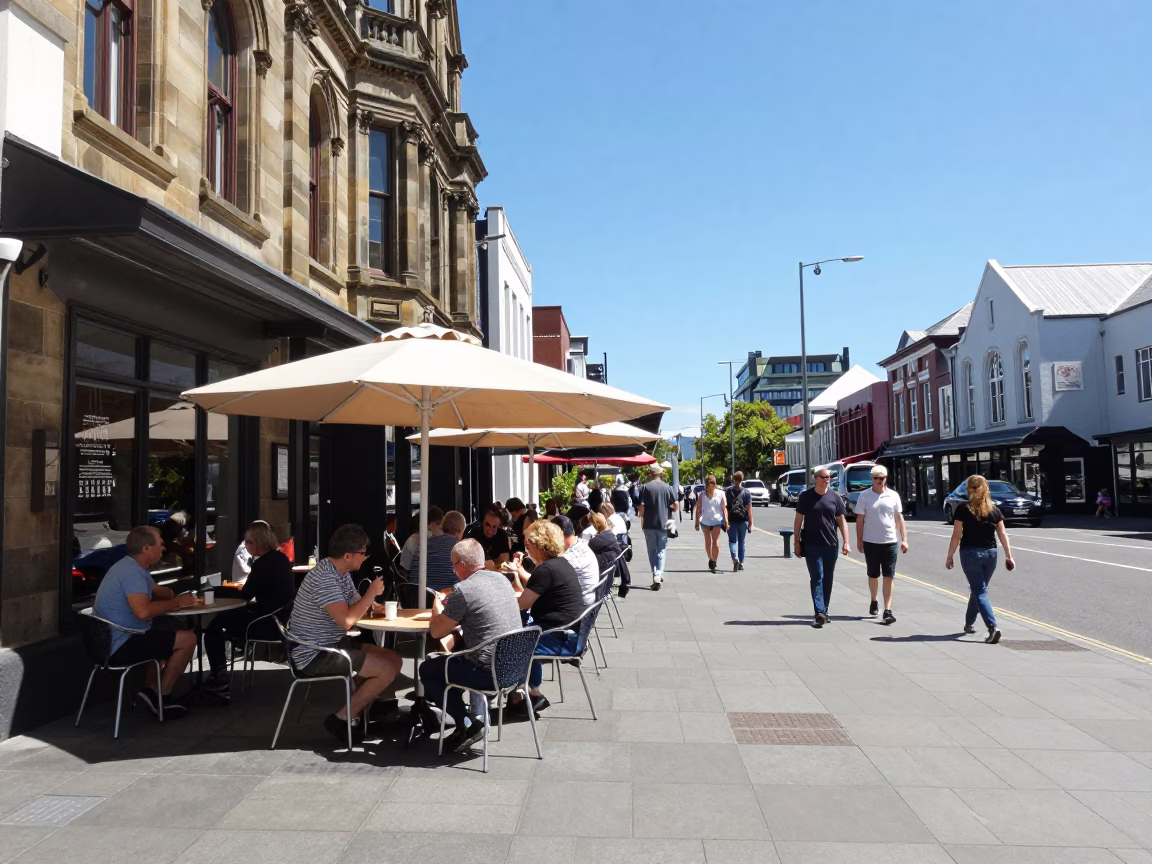 Midmorning Street Scene in Christchurch New Zealand with Local Café Activity in in Christchurch, New Zealand