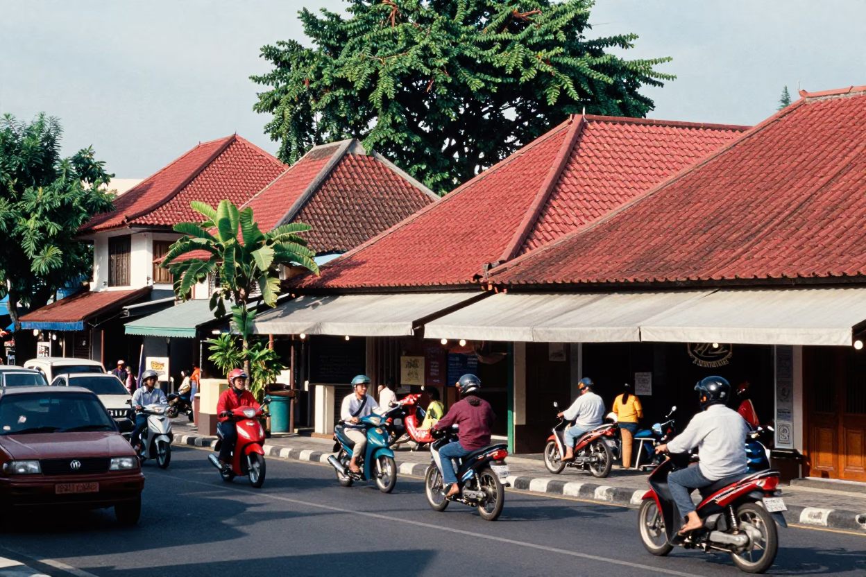 Midmorning Street Scene in Denpasar Indonesia with Traditional Architecture and Local Life in in Denpasar, Indonesia