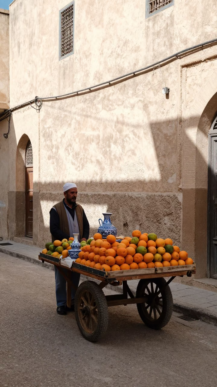 Midmorning Street Scene in Fez Morocco with Fruit Stall and Ceramic Cup in in Fez, Morocco