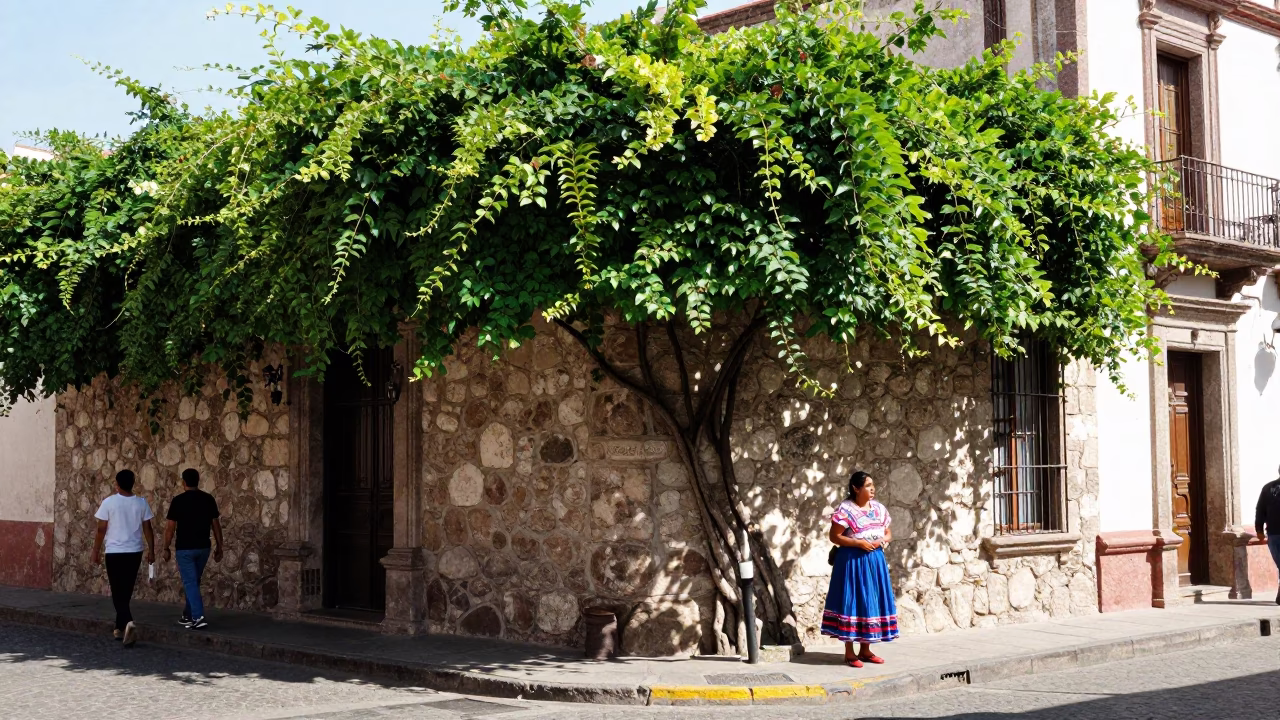 Midmorning Street Scene in Guadalajara Mexico with Stone Walls and Vine in in Guadalajara, Mexico
