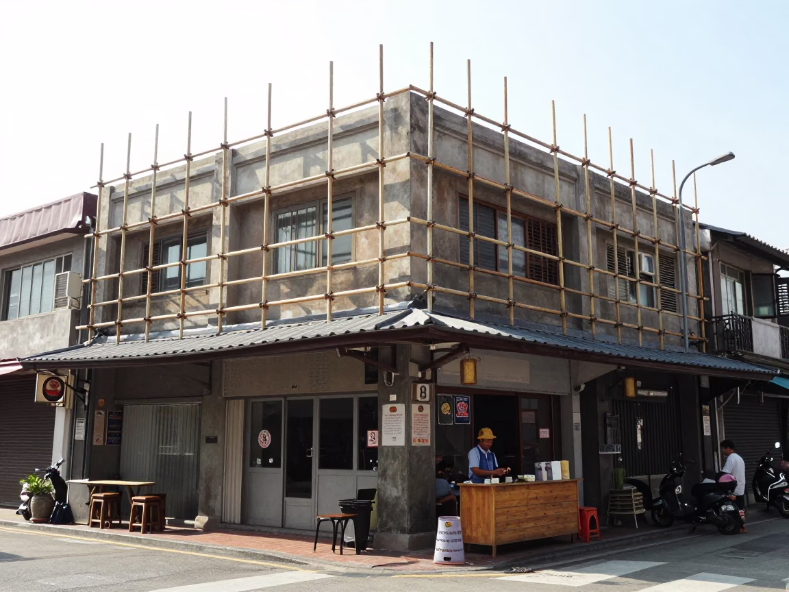 Midmorning Street Scene in Kaohsiung Taiwan with Scaffold Joints and Local Market Activity in in Kaohsiung, Taiwan