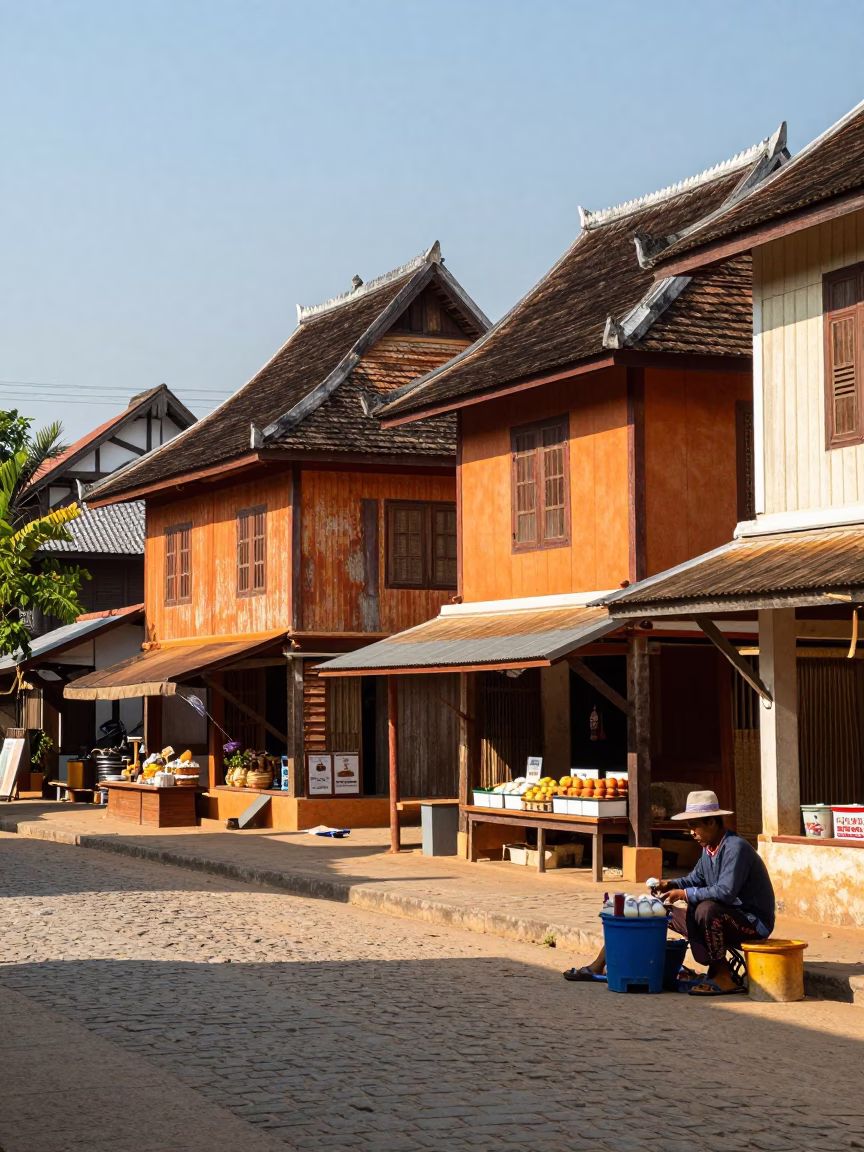 Midmorning Street Scene in Luang Prabang Laos with Traditional Bakery and Local Life in in Luang Prabang, Laos