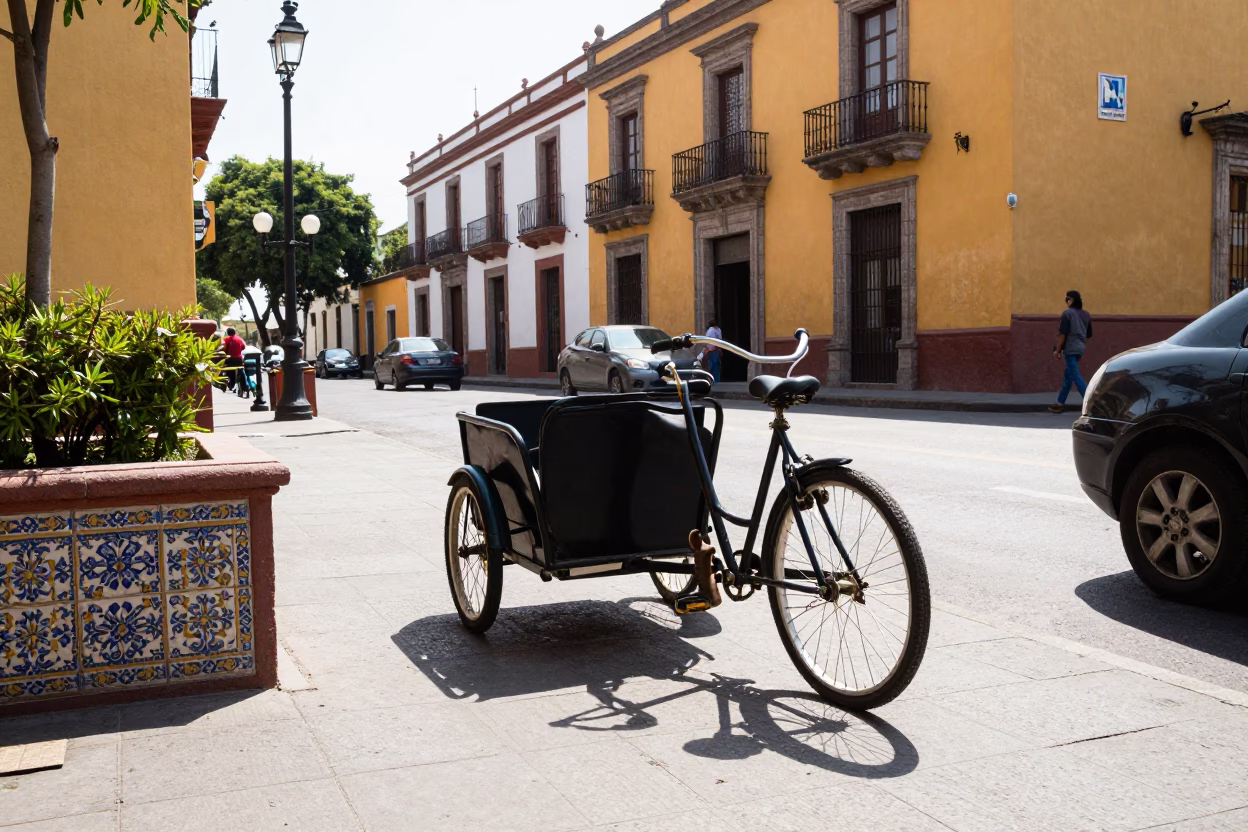 Midmorning Street Scene in Mexico City with Cargo Bicycle and Boot Scraper in in Mexico City, Mexico