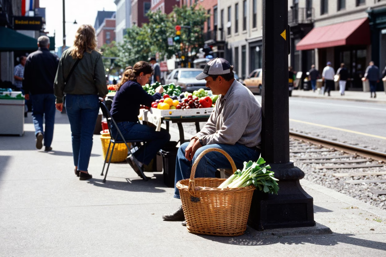 Midmorning Street Scene in Montreal Quebec with Wicker Basket and Railway Viaduct in in Montreal, Quebec, Canada