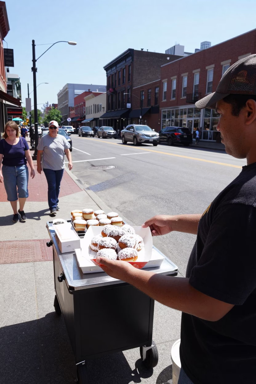Midmorning Street Scene in Nashville Tennessee with Food Vendor and Pedestrians in in Nashville, Tennessee, United States