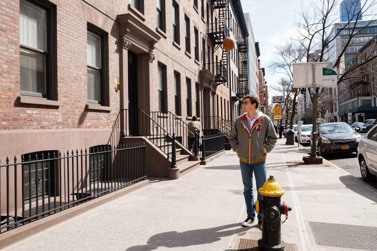 Midmorning Street Scene in New York City with Basketball and Urban Architecture in in New York, New York, United States