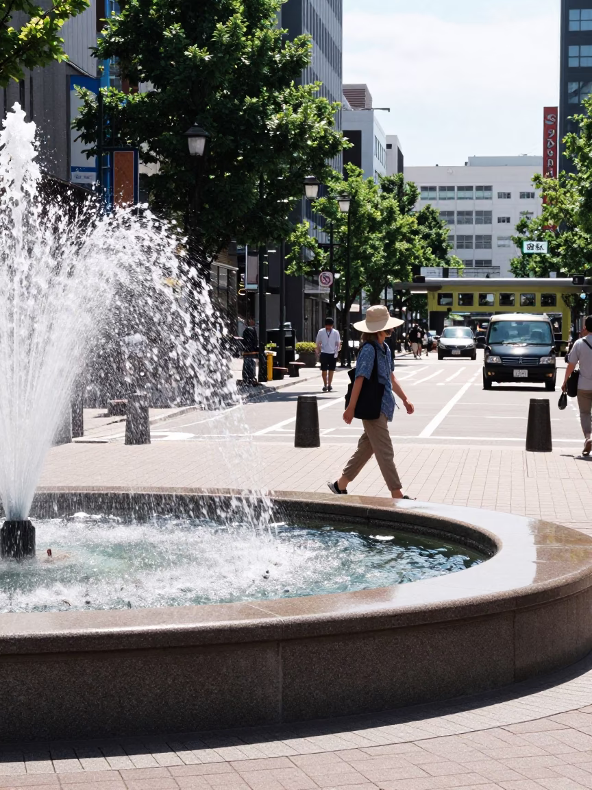 Midmorning street scene in Sapporo Japan with pedestrian sun hat and urban fountain spray in in Sapporo, Japan
