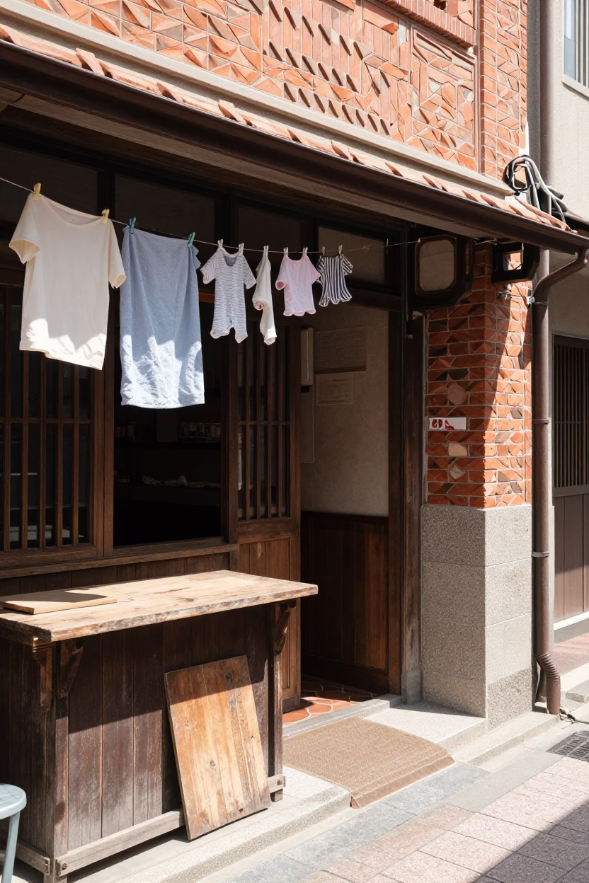 Midmorning Street Scene in Tainan Taiwan with Laundry and Bakery Details in in Tainan, Taiwan