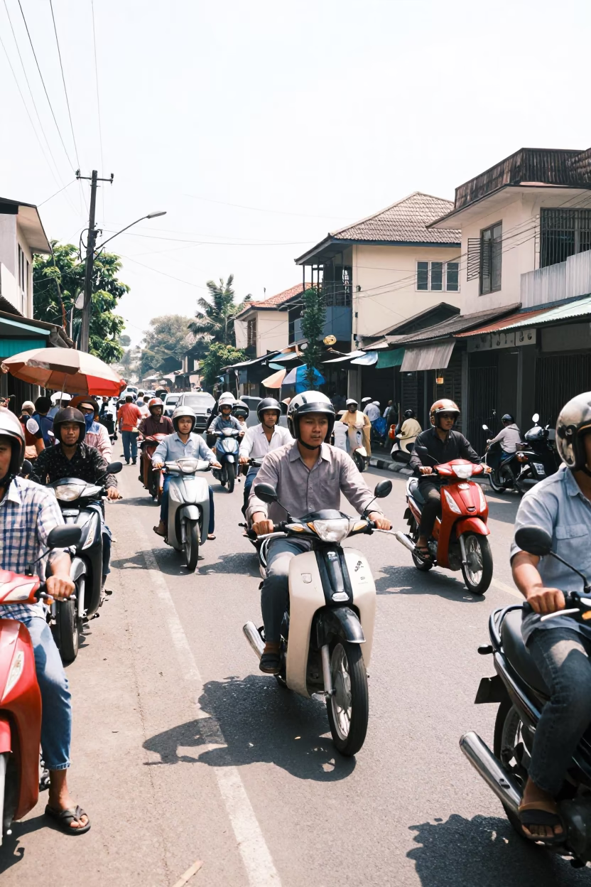Midmorning Street Scene in Yogyakarta Indonesia with Vintage 1970s Ambiance and Local Market Activity in in Yogyakarta, Indonesia
