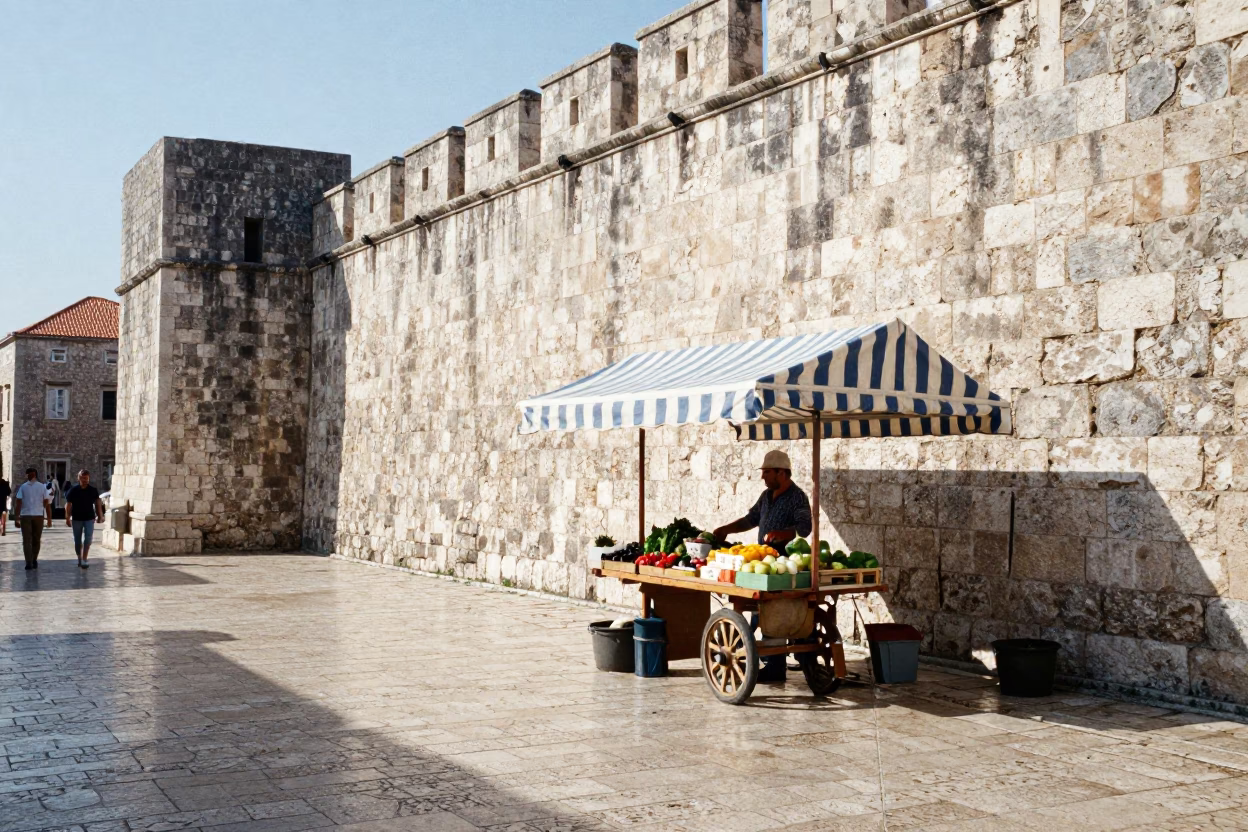 Midmorning Sunlight on Ancient Stone Walls in Dubrovnik Croatia Street Scene in in Dubrovnik, Croatia