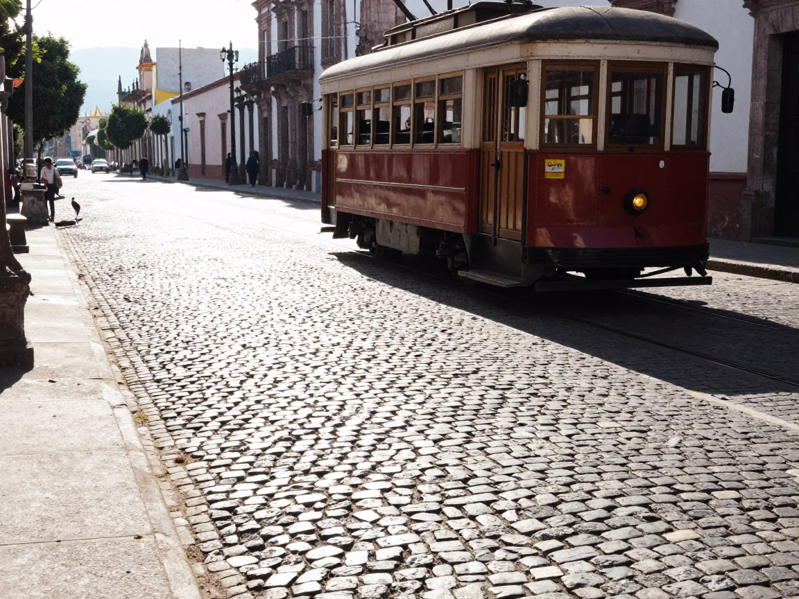 Midmorning Sunlight on Oaxaca Cobblestones with Heritage Tram and Cedar of Lebanon in in Oaxaca, Mexico