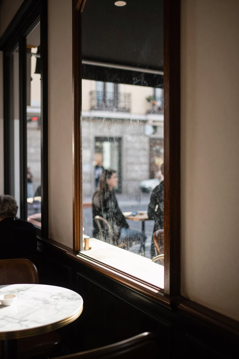 Midmorning Sunlight Striking Mirror Edge in Traditional Madrid Cafe Interior in in Madrid, Spain