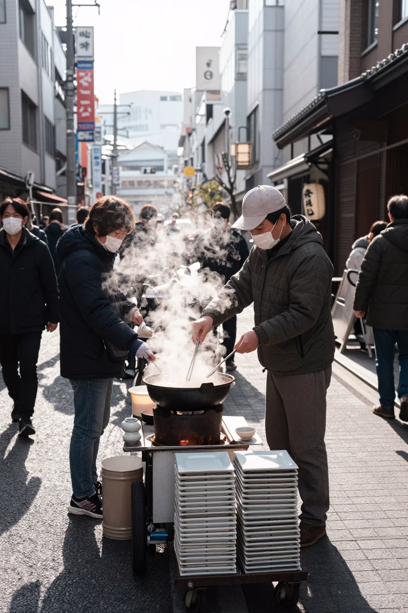 Midmorning Tokyo Street Scene with Steaming Hotpot and Ceramic Tiles in in Tokyo, Japan
