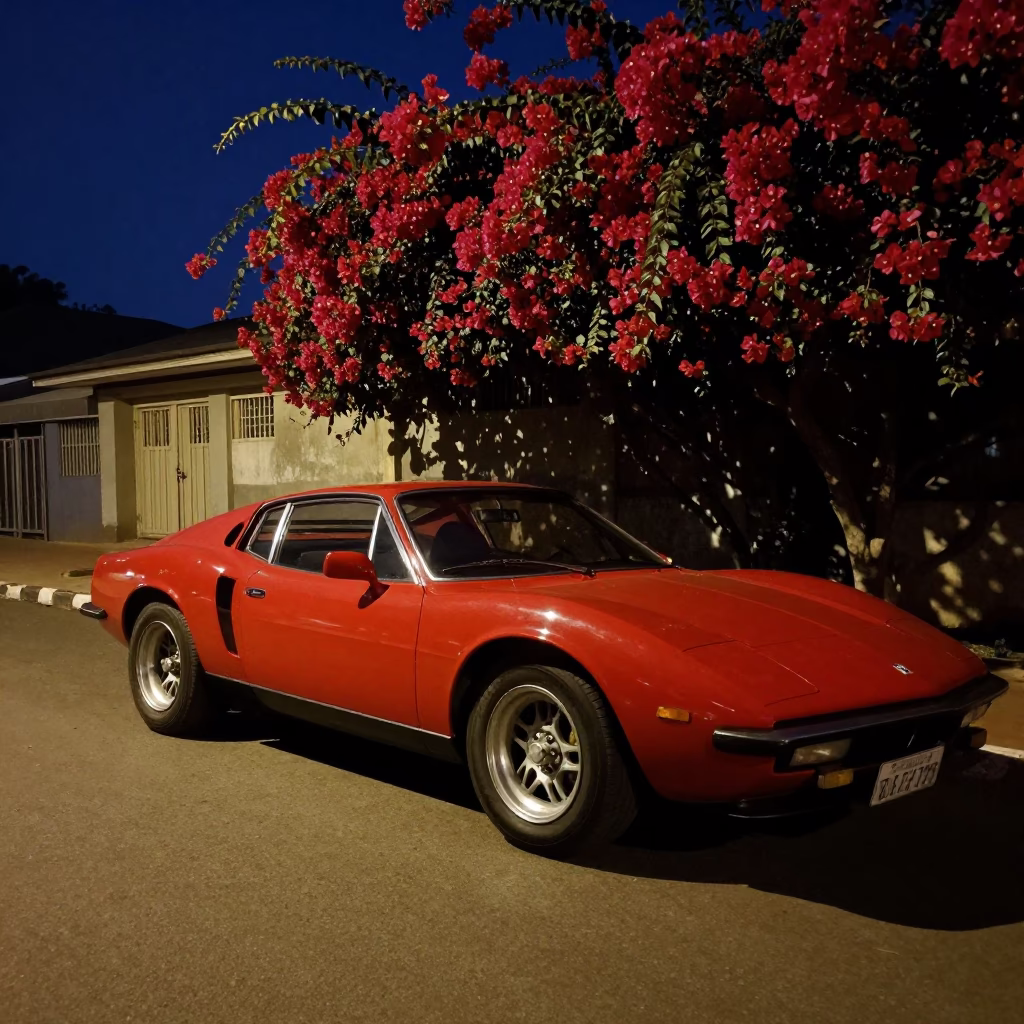 Midnight Accra Ghana Street Scene with Bougainvillea and Vintage Red Sports Car in in Accra, Ghana