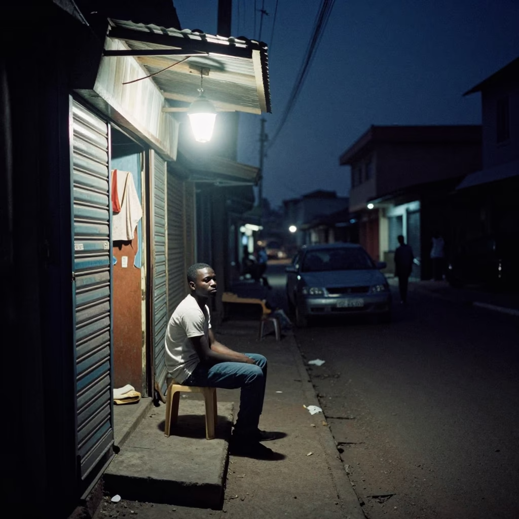 Midnight Accra Street Corner with Lantern Light and Local Life in in Accra, Ghana