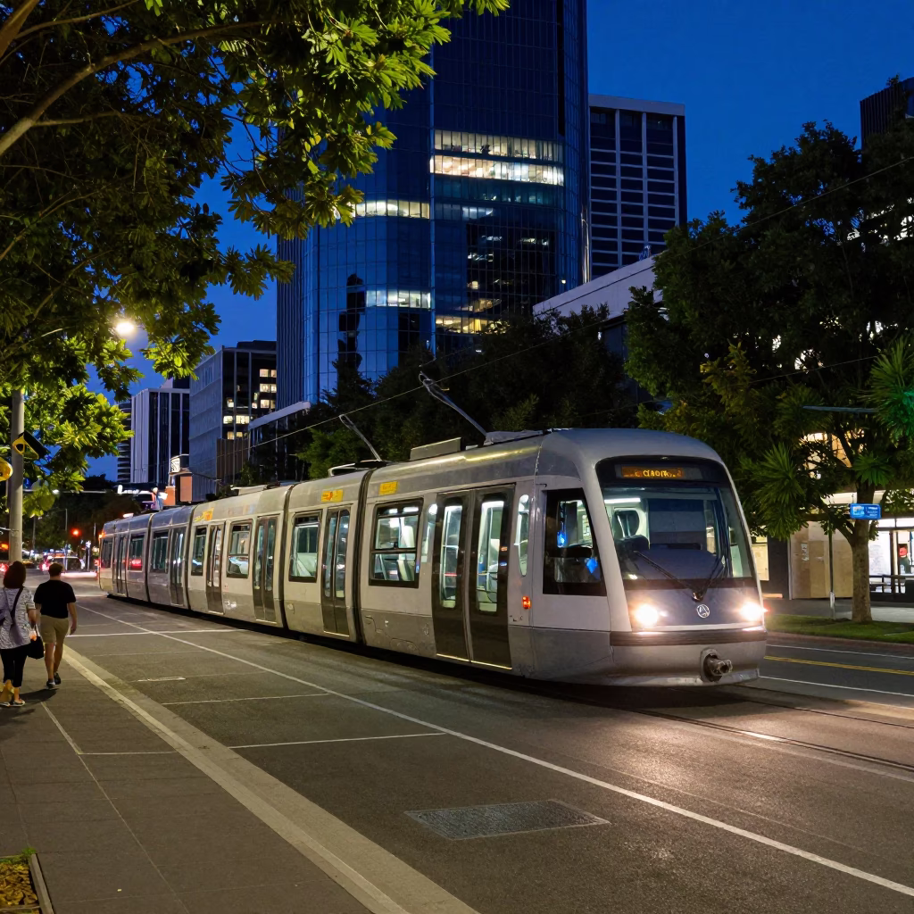 Midnight Adelaide Street Scene with Monorail Gliding Past Glass Towers and Palm Trees in in Adelaide, South Australia, Australia
