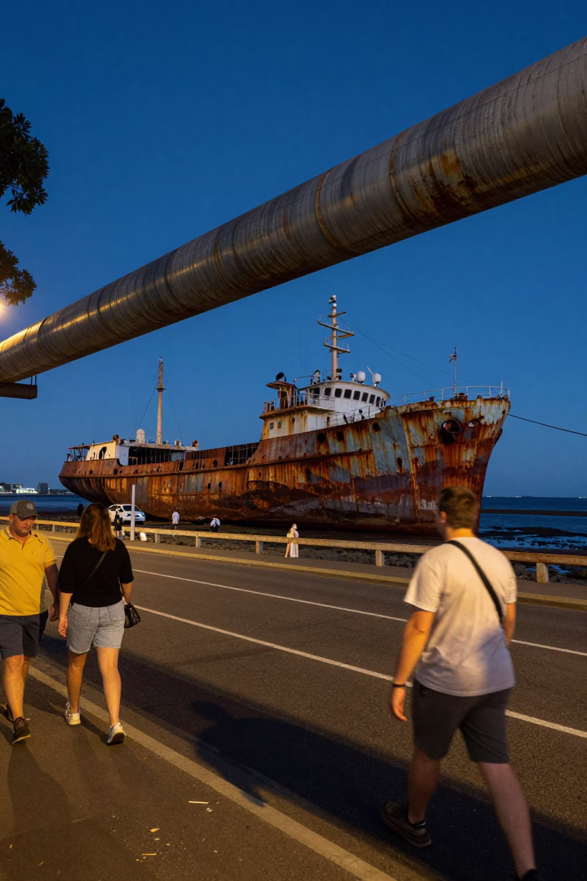 Midnight Adelaide Street Scene with Rusting Ship and Pipeline Sign in in Adelaide, South Australia, Australia