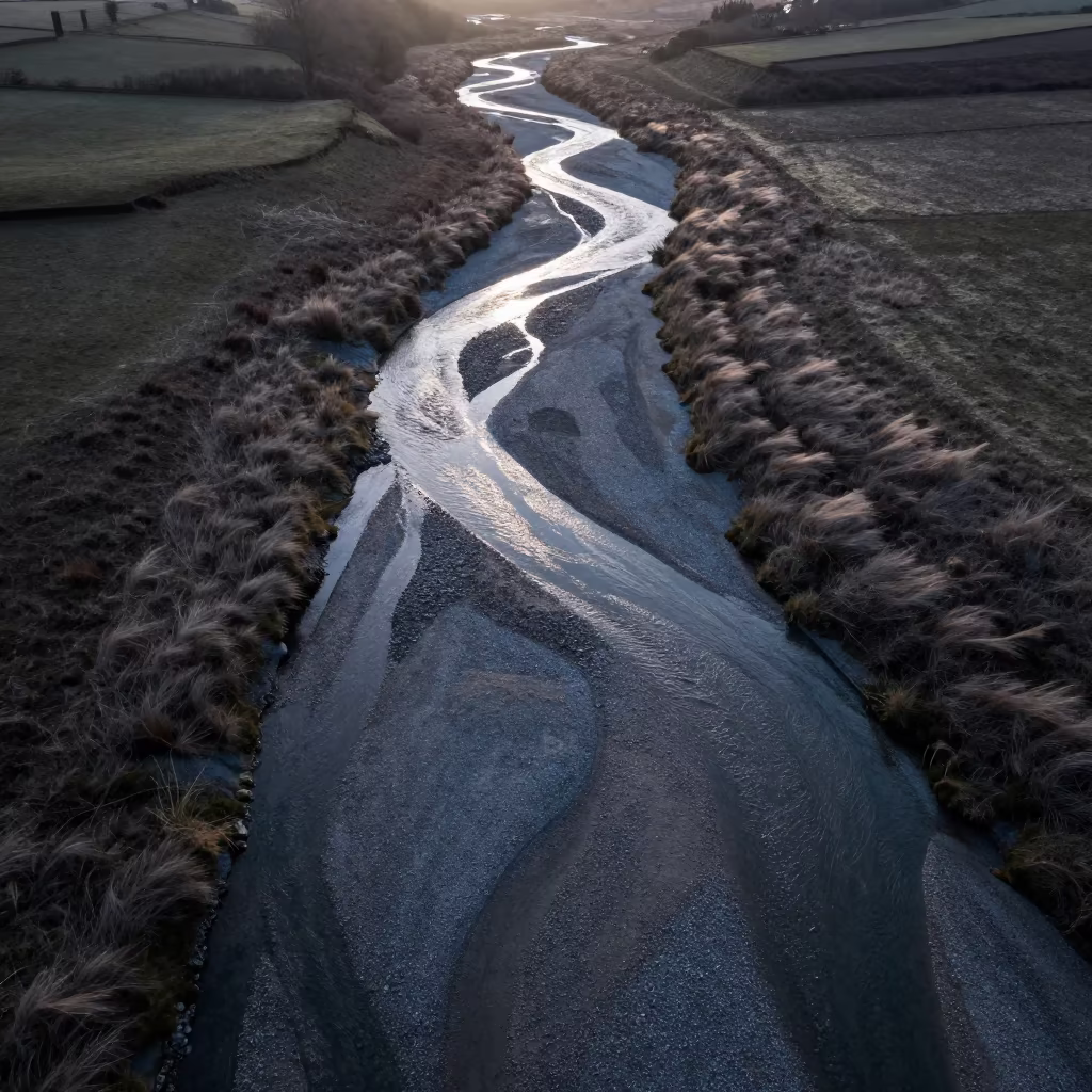 Midnight Aerial View of Dry Braided River Channels in high above braided river channels in Cornwall