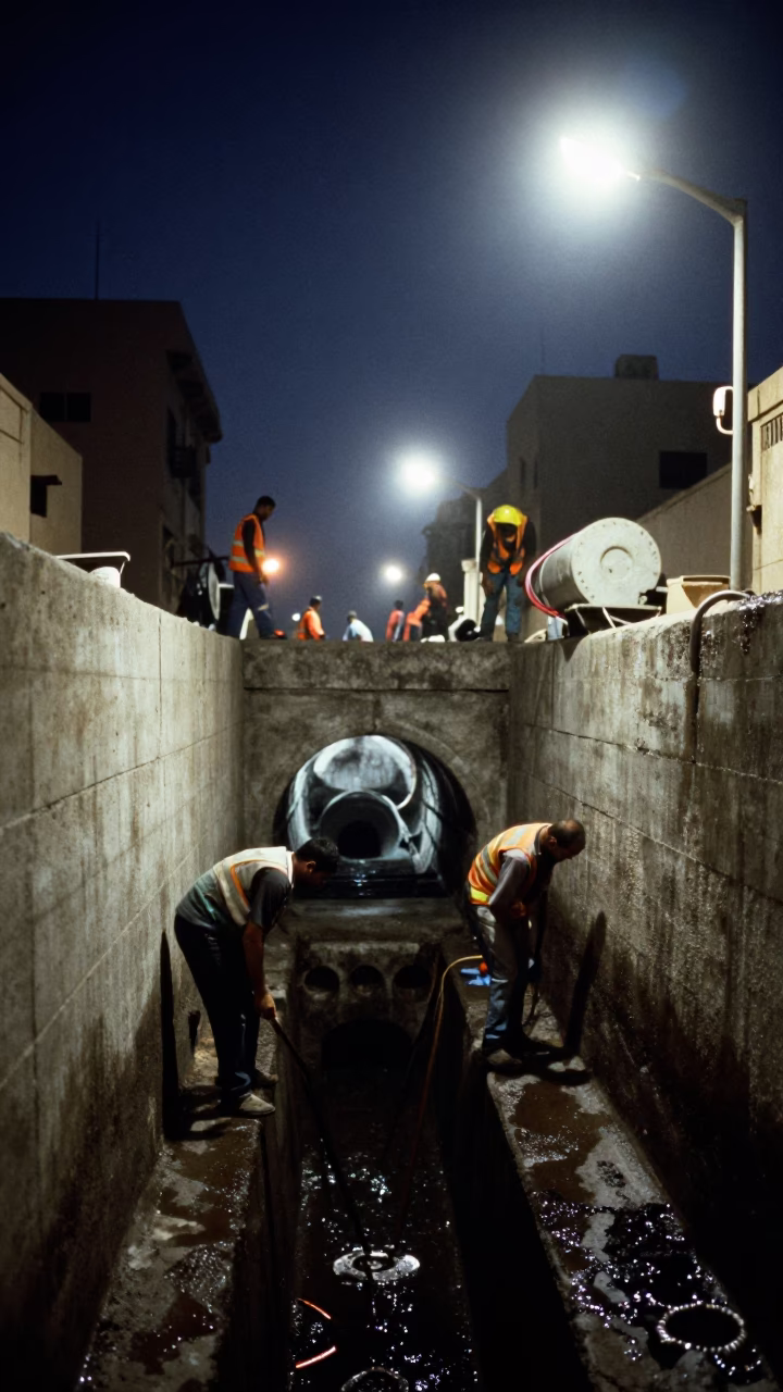 Midnight Alexandria Egypt Street Scene with Sewage Interceptor Tunnel and Workers in in Alexandria, Egypt