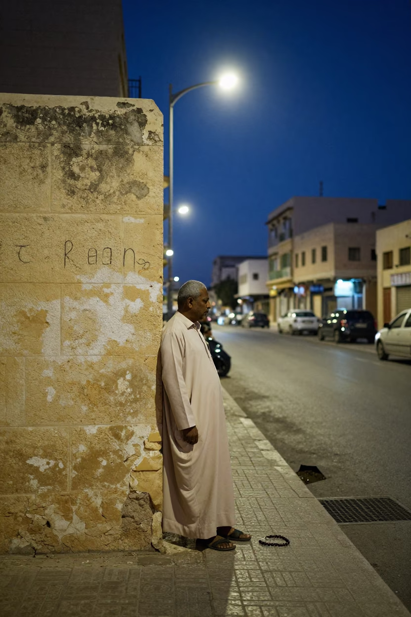 Midnight Alexandria Street Scene with Prayer Beads and Urban Lighting in in Alexandria, Egypt