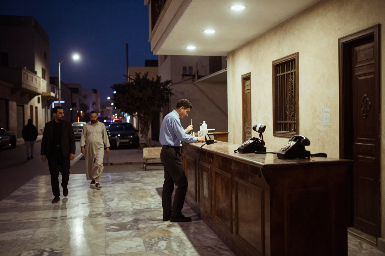 Midnight Alexandria Street Scene with Vintage Bakelite Telephone on Hotel Reception Desk in in Alexandria, Egypt