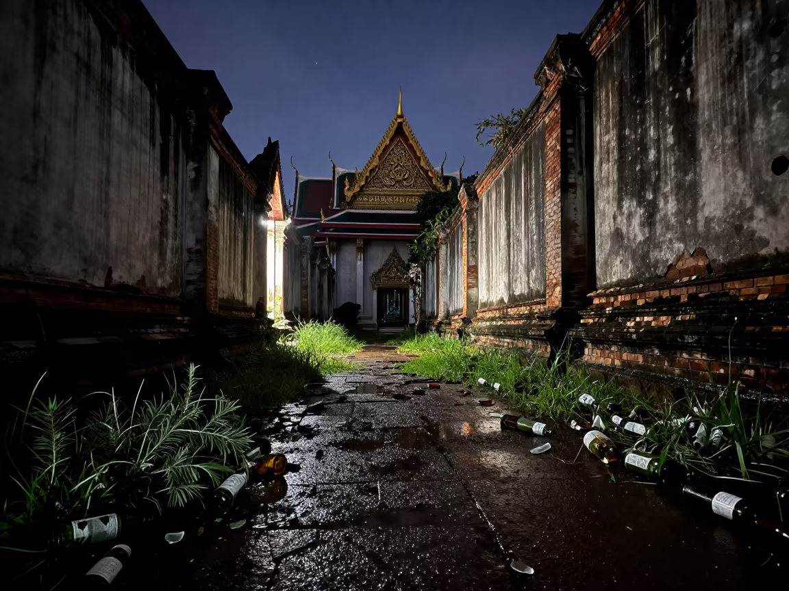 Midnight Alley Shards and Sage in Bangkok Ruins in through a courtyard reclaimed by grasses near Bangkok