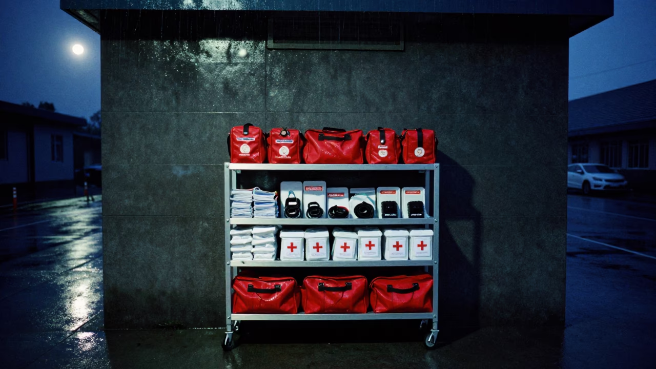 Midnight Ambulance Bay Restock Rack in Rain in along a rain-darkened medical block near Anyang
