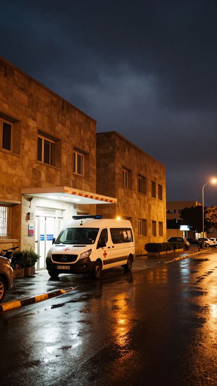 Midnight Ambulance Arrives at Damietta Hospital Entrance in outside a hospital emergency entrance in Damietta