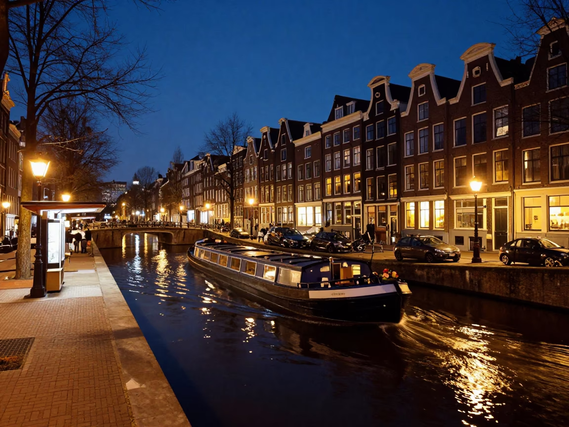 Midnight Amsterdam Canal Barge Passing Flower Market Tram Stop in in Amsterdam, Netherlands