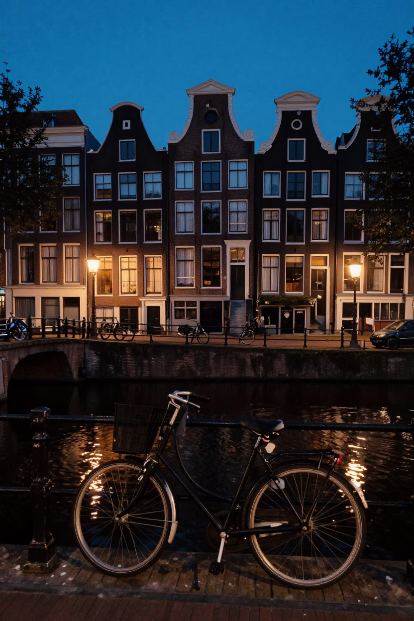 Midnight Amsterdam Canal House Facade with Vintage Bicycle and Neon Reflections in in Amsterdam, Netherlands