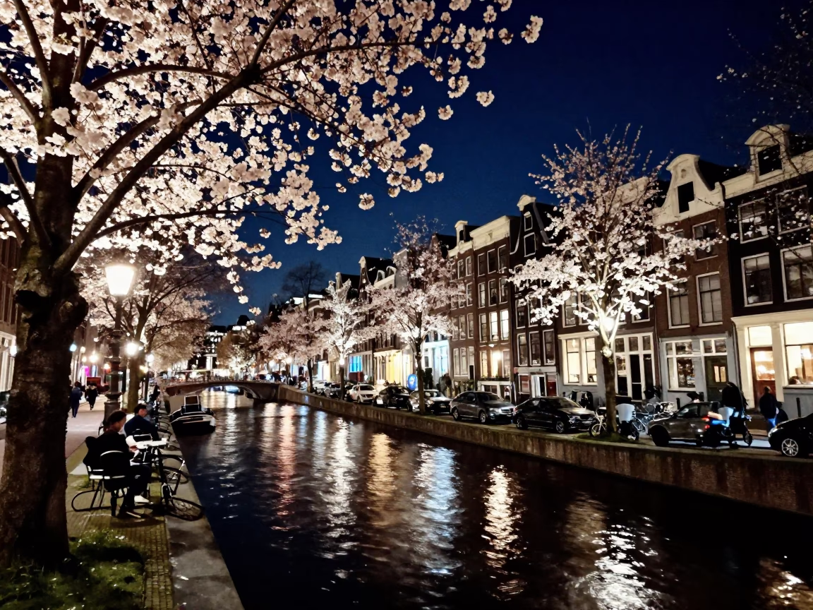 Midnight Amsterdam Canal Scene with Cherry Blossoms and Historic Brick Architecture in in Amsterdam, Netherlands